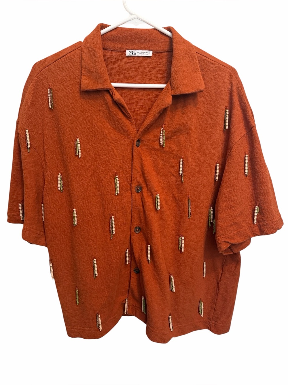 Zara Rust Orange Short-Sleeve Button-Down with Bead Embellishments. Size Small